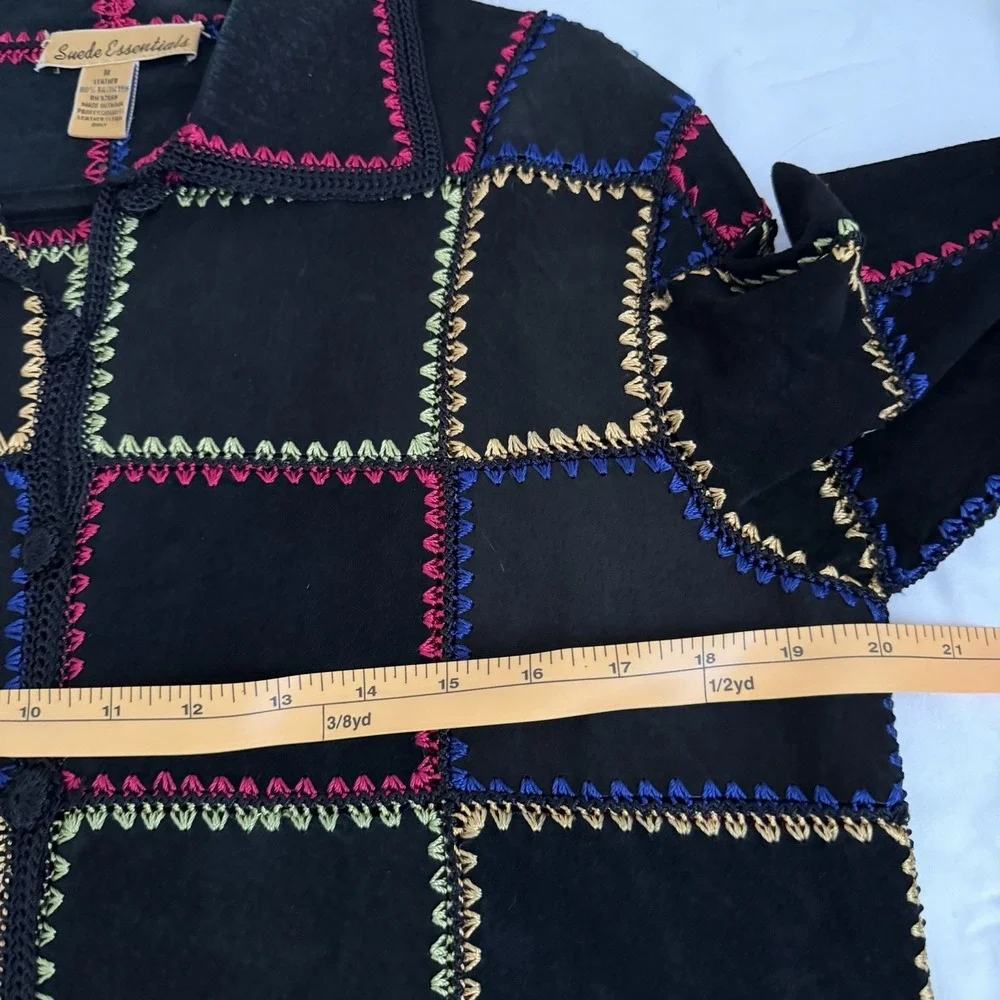 Patchwork Suede Leather Jacket Black Medium Colorful Vtg Boho Crochet Funky 90s